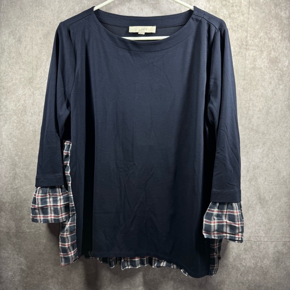 ❄️Loft Women’s Large Navy Blue Plaid Mixed Media Bell Cuff Lightweight Sweater‎ - Picture 1 of 5